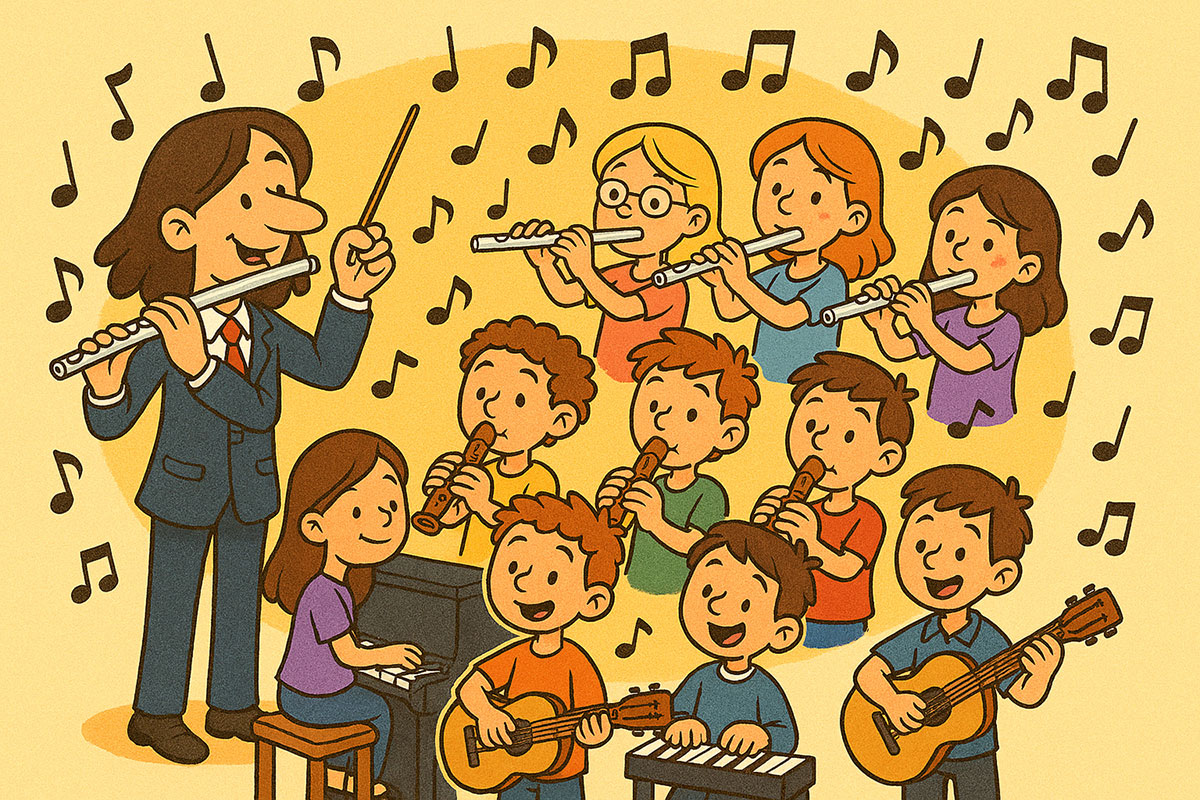 farbige Zeichnung: Musiklehrer mit 9 Kindern die unterschiedliche Instrumente spielen: Querflöte, Blockflöte, Gitarre, Klavier